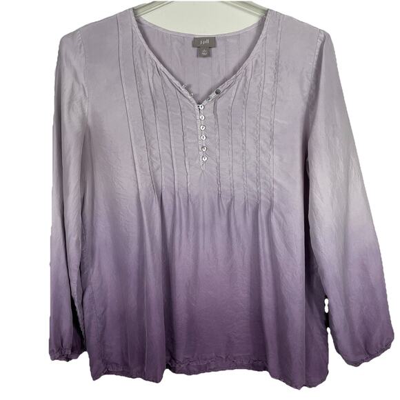 J JILL 100% Silk Popover Blouse Top Size L Petite Purple Ombre Pintuck Classic - Picture 1 of 9